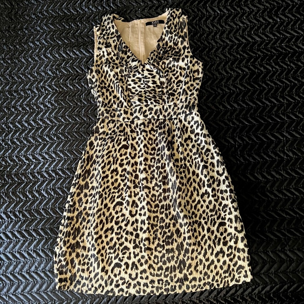 Alex Marie Leopard Sheath Cocktail Dress, Size 4, Ruffle, Pockets, Hidden Zipper
